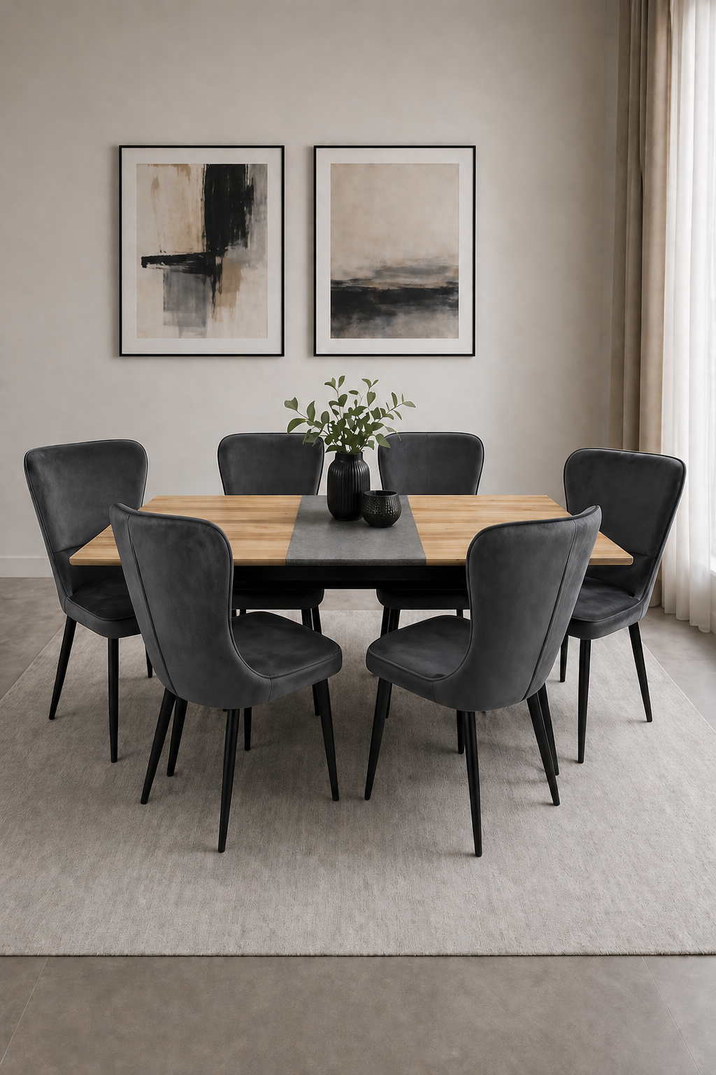 Trinity Extending Oak Dining Table & 6 Grey Fabric Chairs Set